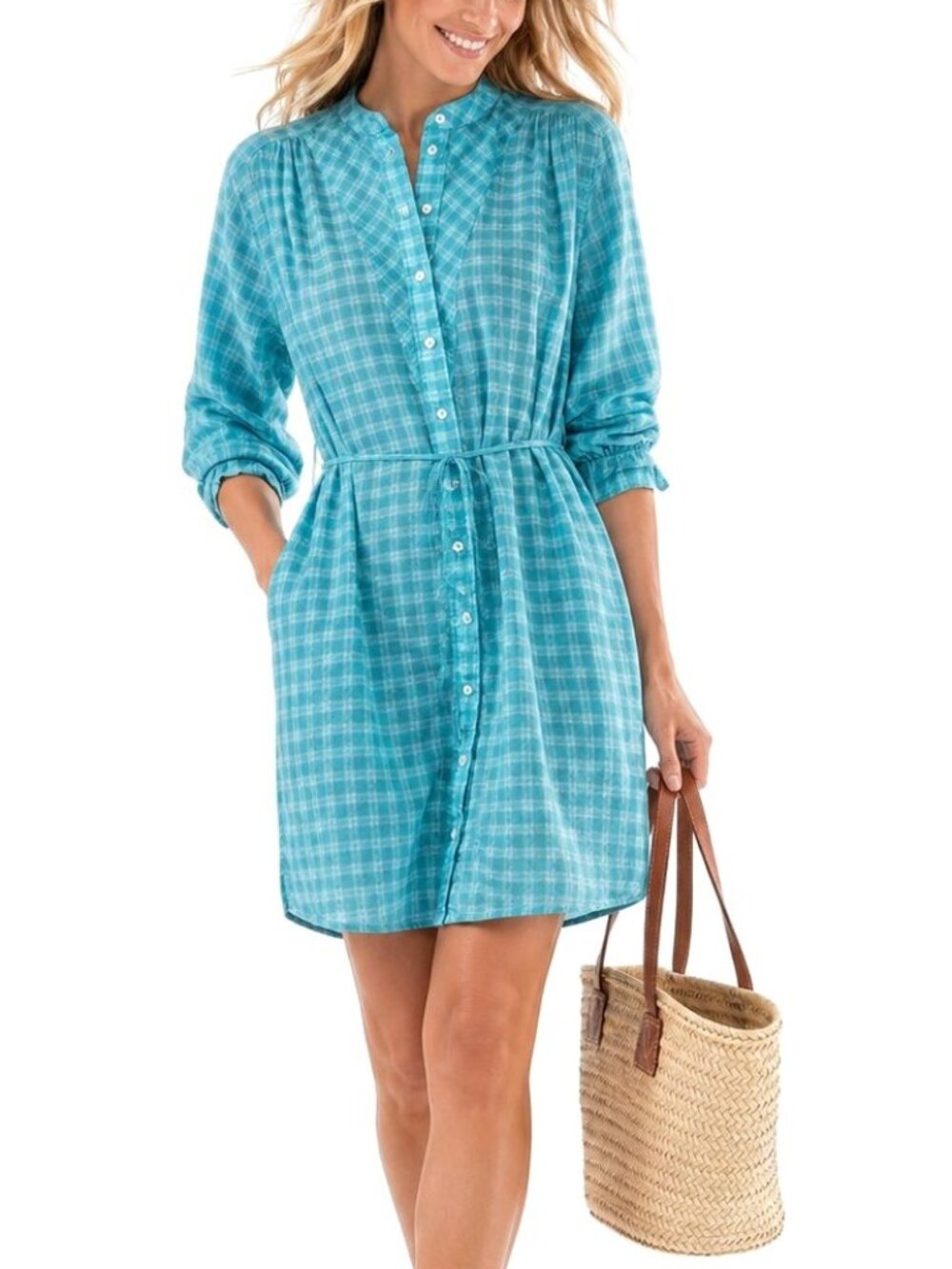 Xirena Winnie Gingham Shirt Dress Tie Waist Coastal Blue Mini